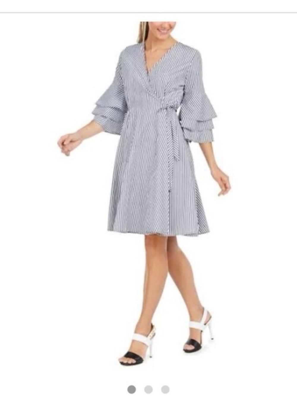 Calvin Klein Size 4 Striped Blue and White Wrap Dress with Bell Sleeves